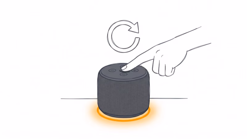 Echo smart speaker with finger pressing action button and orange reset light ring