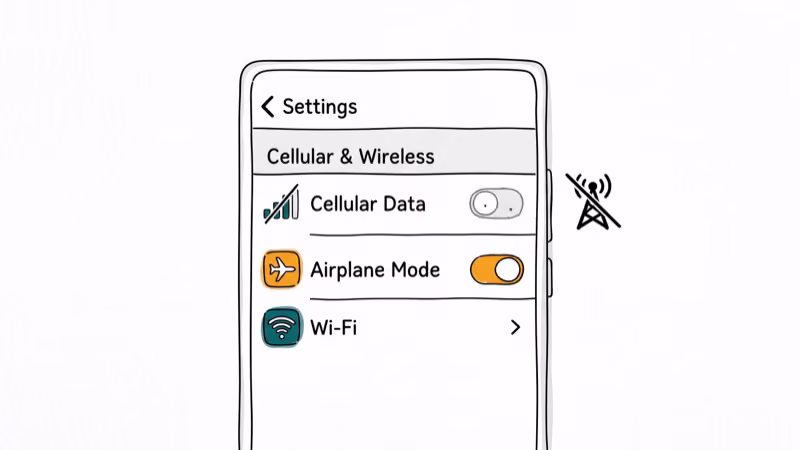 Phone settings screen with cellular data toggle switched off and Wi-Fi highlighted