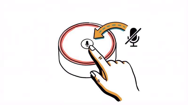 Amazon Echo device top view showing red light ring with finger pressing microphone button