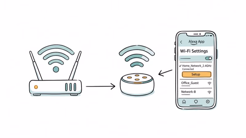 Wi-Fi router sending signal waves to Amazon Echo with Alexa app showing connection settings