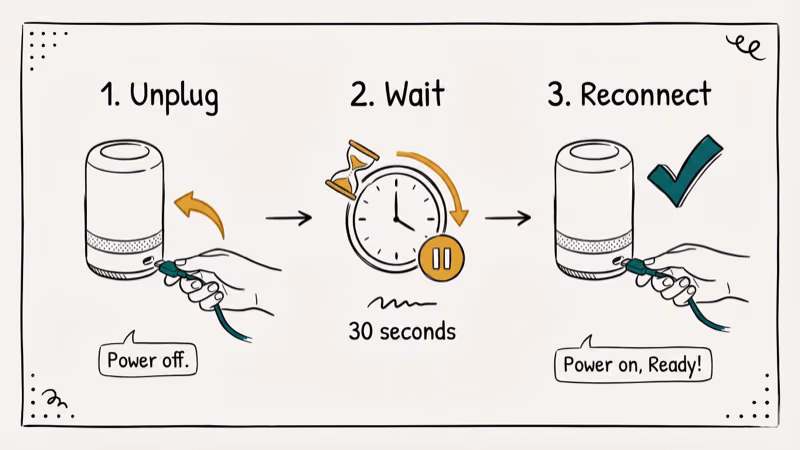 Step-by-step illustration of Echo troubleshooting showing unplugging power cable and reconnecting