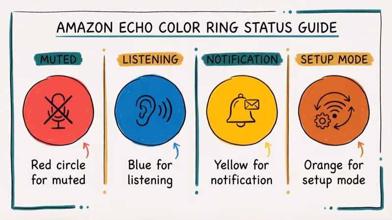 Amazon Echo light ring color guide showing red muted, blue listening, yellow notification, orange setup modes