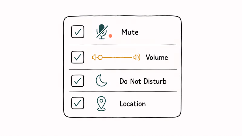 Checklist of overlooked Echo settings including mute, volume, do not disturb, and location