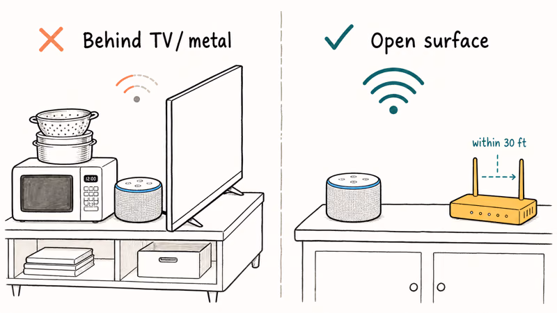 Echo Dot placed on an open countertop away from walls, microwave, and metal shelves