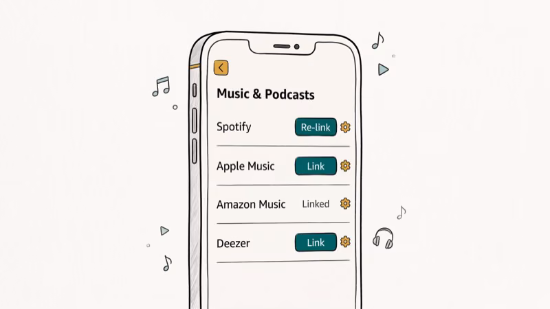 Alexa app on phone showing music service settings with link and re-link button options