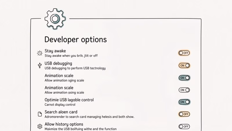 Android phone settings screen with Developer Options gear icon and toggle switches menu