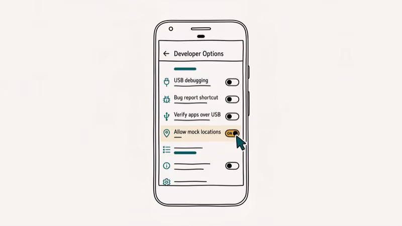 Android Developer Options screen with Allow Mock Locations toggle switch turned on