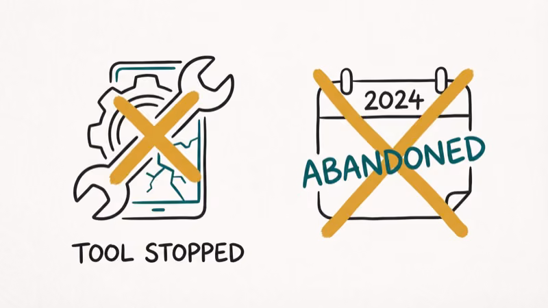 Broken software tool with X mark and outdated calendar representing abandoned unmaintained app