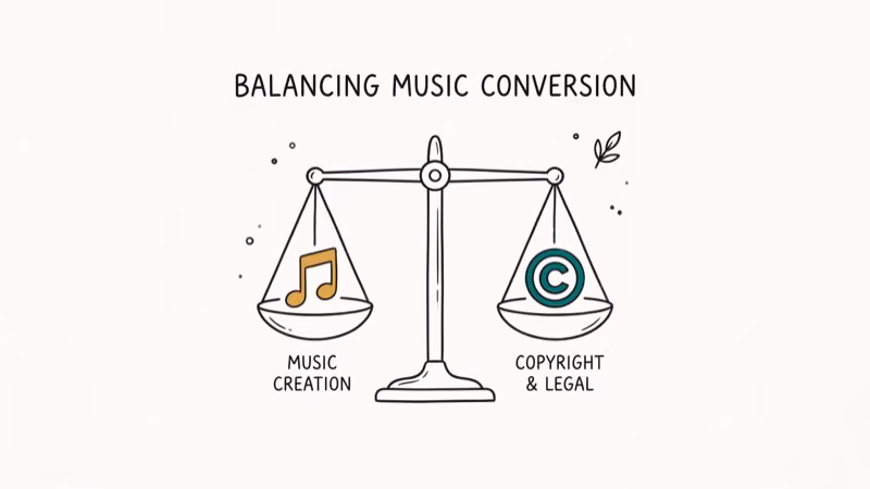 Balance scale with music note on one side and copyright symbol on other representing legal music conversion considerations