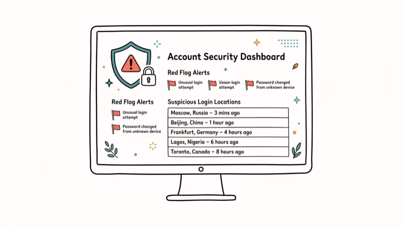 Account security dashboard with warning shield lock symbol and red flag alerts