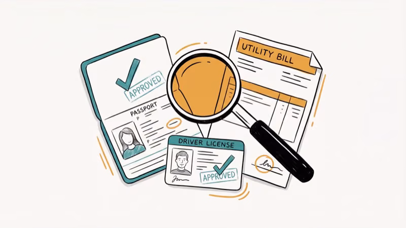 Document verification scene with passport driver license and magnifying glass
