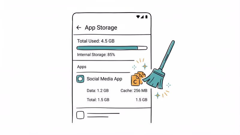 Android phone settings showing app cache being cleared with broom sweep effect