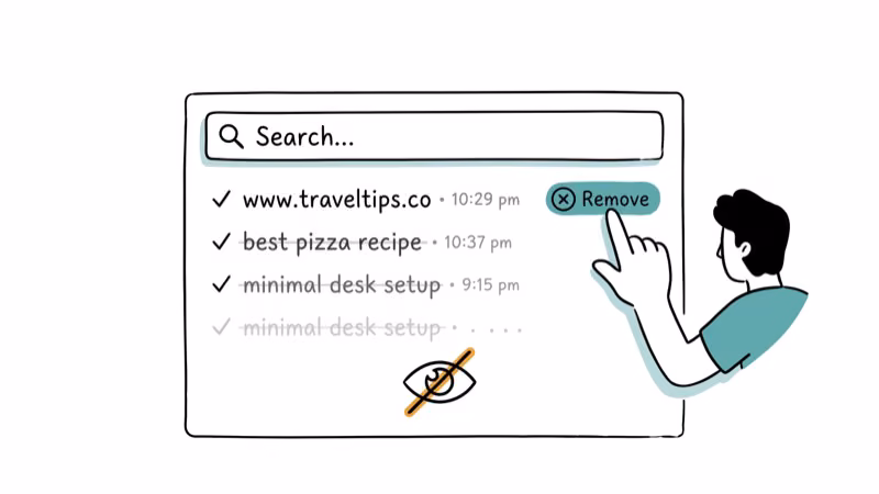 Browser search bar with browsing history items being erased and hidden eye icon