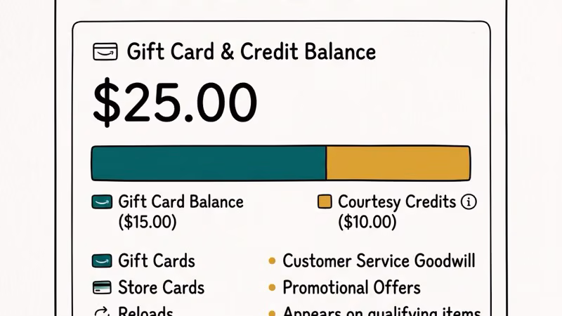 Amazon account screen showing courtesy credit balance in credit and benefit balances section