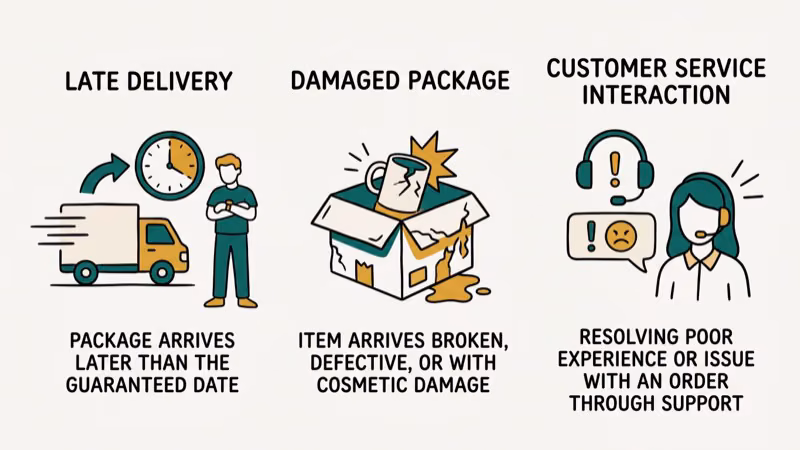 Hand-drawn icons showing common Amazon courtesy credit triggers including late delivery and damaged packages
