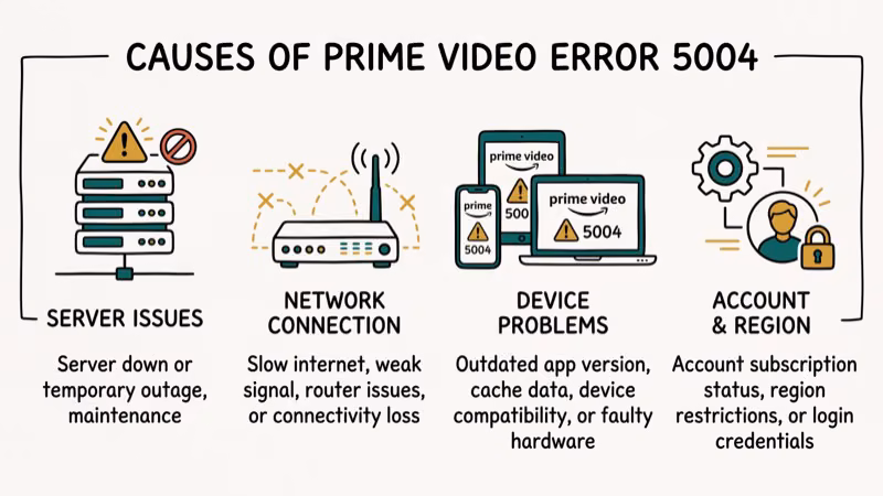 Diagram showing three common causes of Prime Video error 5004 including corrupted cookies and VPN blocks