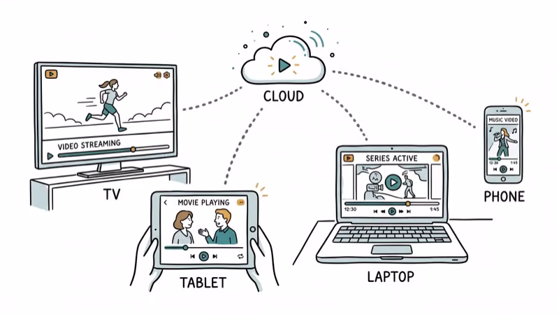 Multiple devices including TV tablet phone and laptop streaming video from central cloud
