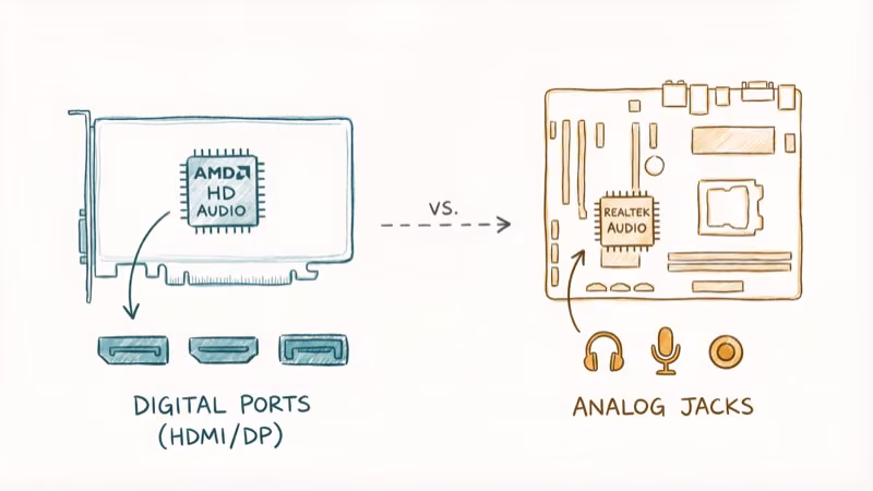 Side-by-side comparison of AMD HD Audio on GPU versus Realtek on motherboard
