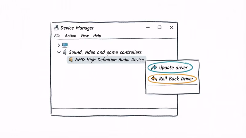 Device Manager showing AMD HD Audio driver update and rollback options