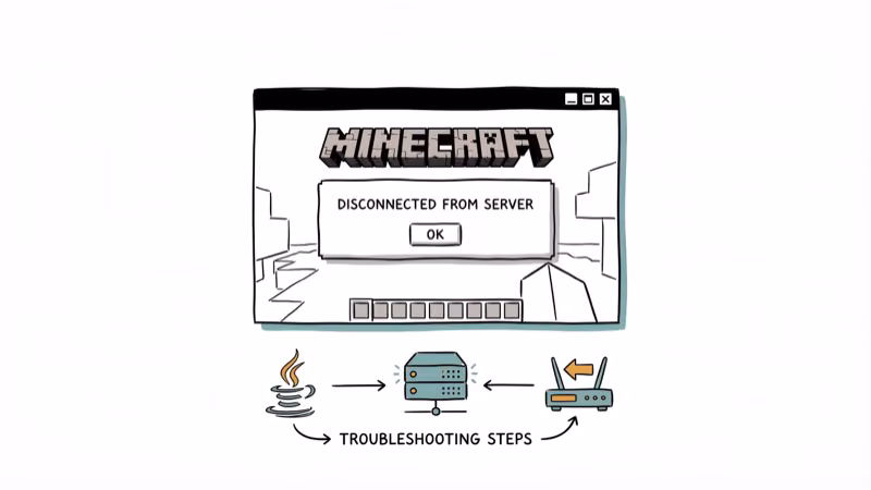 Minecraft game with disconnection error popup and Java server troubleshooting icons