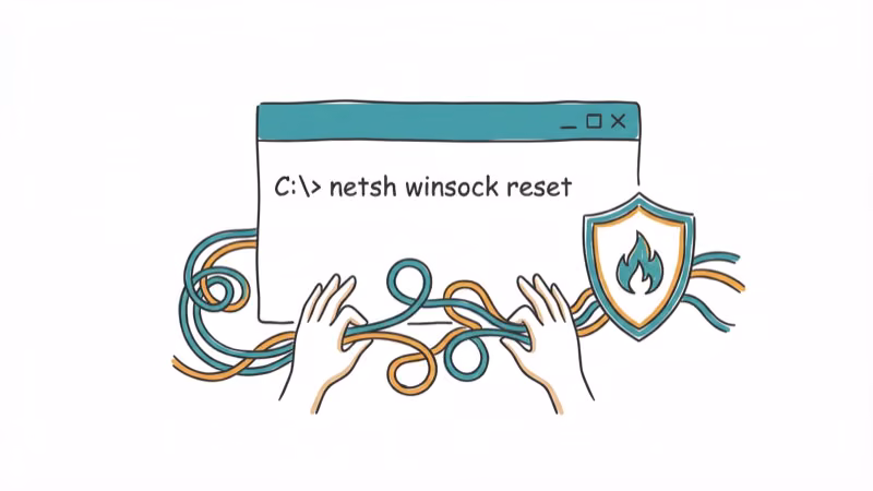 Command prompt showing netsh winsock reset with network cables and firewall shield