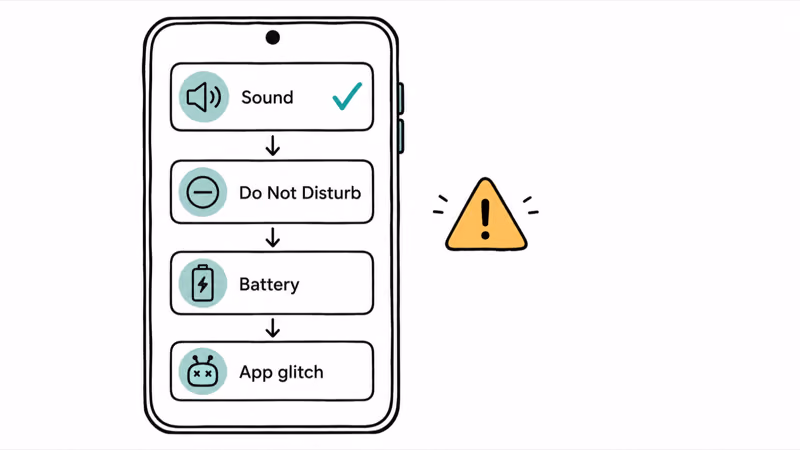 Four layers behind a missed Android alarm: sound, Do Not Disturb, battery, app glitch