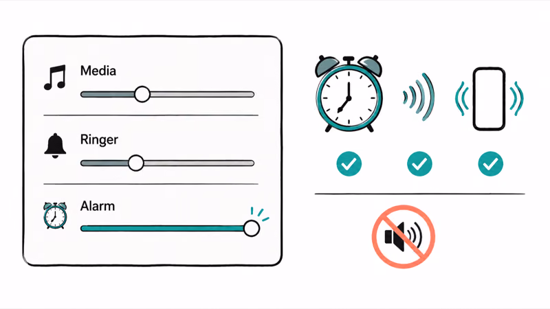 Android alarm volume slider raised with sound and vibration both turned on