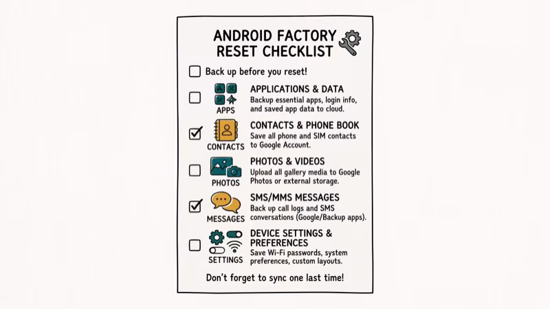 Pre-factory reset backup checklist showing apps, contacts, photos, messages, and 2FA codes to save