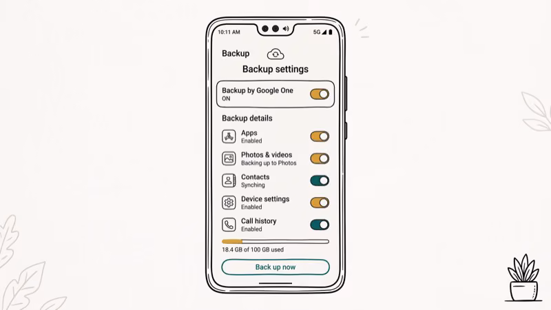 Google One backup settings screen on Android showing toggle and last backup timestamp