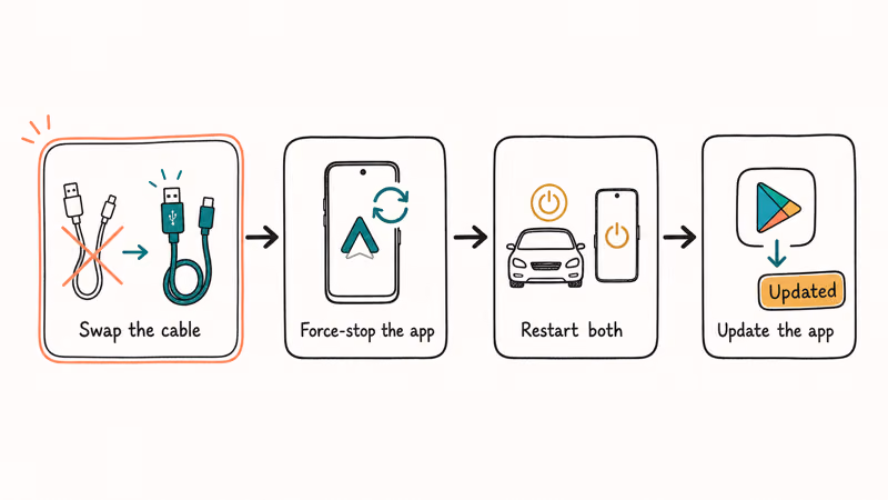 Flowchart of four quick Android Auto fixes from cable swap to app update