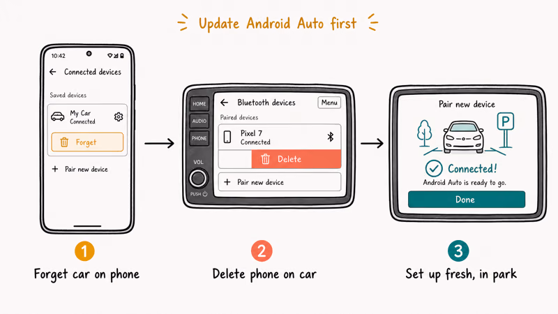 Forget the stored pairing on phone and car then re-pair cleanly
