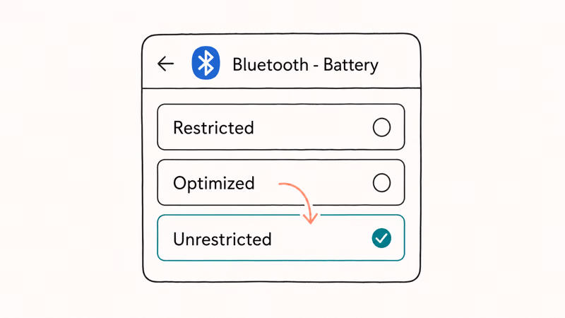 Android settings panel setting the Bluetooth system app battery option to Unrestricted