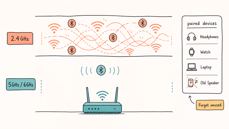 Bluetooth and 2.4GHz Wi-Fi sharing a crowded radio band beside a clearer 5GHz lane