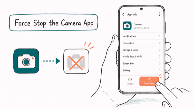 Hand-drawn illustration: Force Stop the Camera App