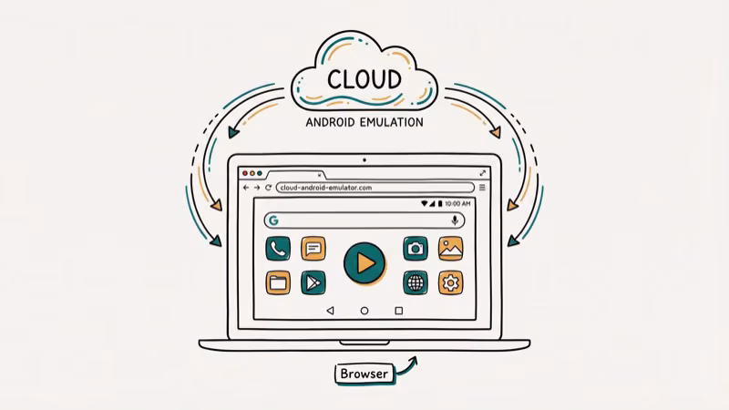 Cloud-based Android emulation diagram showing remote server streaming Android interface to iPhone browser