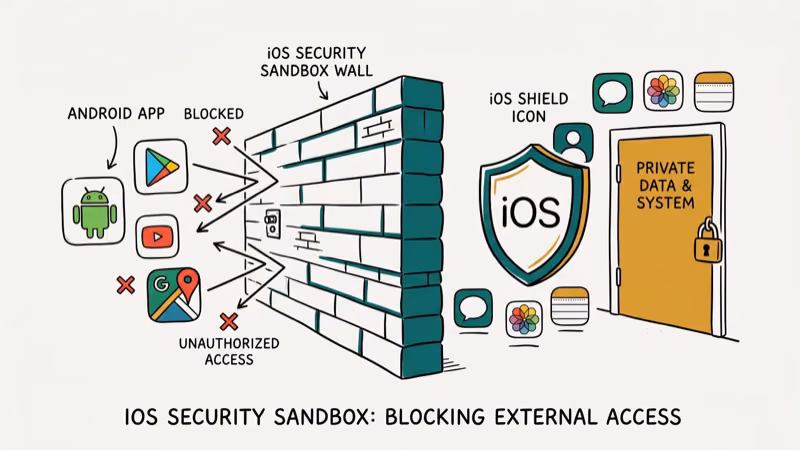 iOS security sandbox wall blocking Android app installation showing locked bootloader and app store restrictions