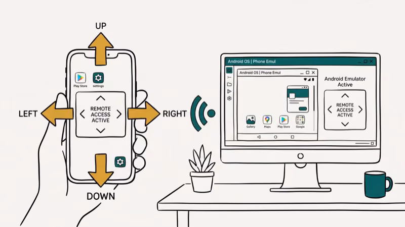 iPhone controlling Android phone remotely via screen mirroring app with control arrows and Wi-Fi connection