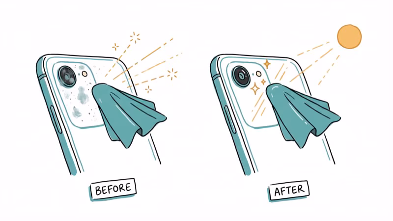Phone front camera lens being cleaned with microfiber cloth showing before and after