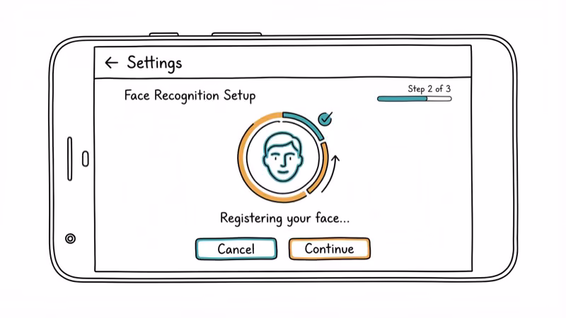 Android phone settings showing face recognition setup with face outline and progress indicator