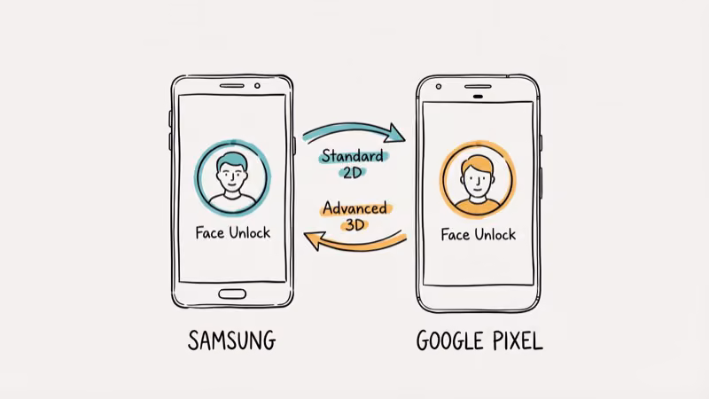 Samsung and Google Pixel phones side by side showing different face unlock interfaces