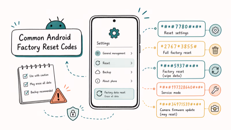 Hand-drawn illustration: Common Android Factory Reset Codes