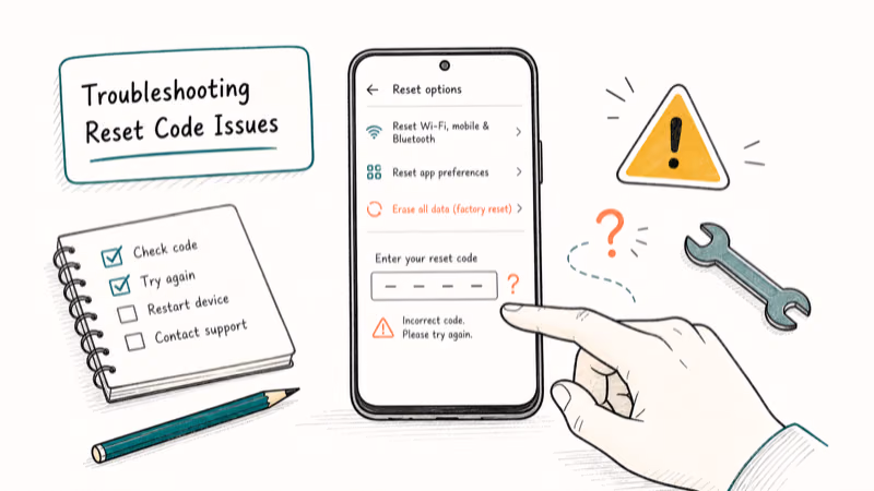 Hand-drawn illustration: Troubleshooting Reset Code Issues