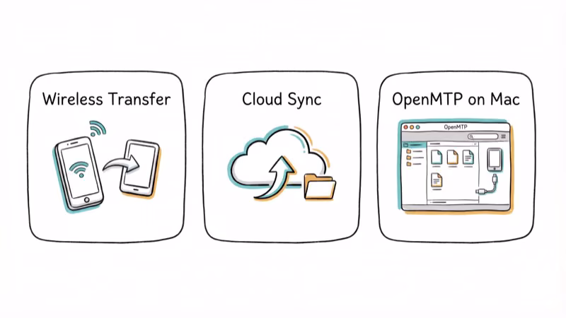 Three file transfer methods side by side showing wireless WiFi cloud sync and OpenMTP app