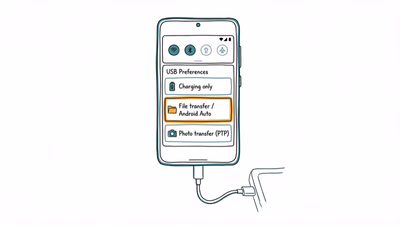 Android notification shade showing USB connection mode options with file transfer highlighted