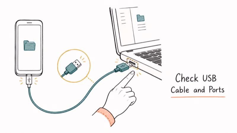 Hand-drawn illustration: Check USB Cable and Ports