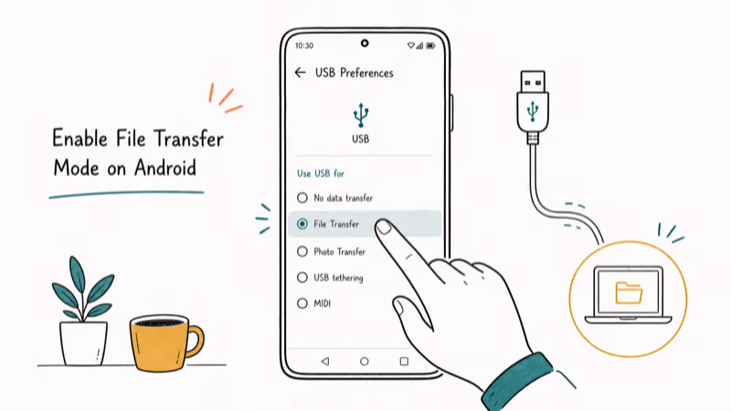 Hand-drawn illustration: Enable File Transfer Mode on Android