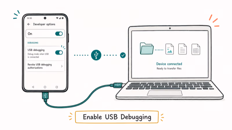 Hand-drawn illustration: Enable USB Debugging