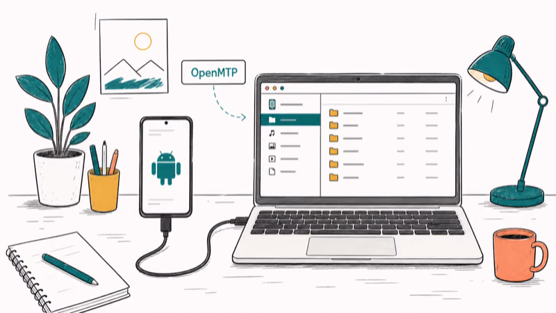 Hand-drawn illustration: OpenMTP