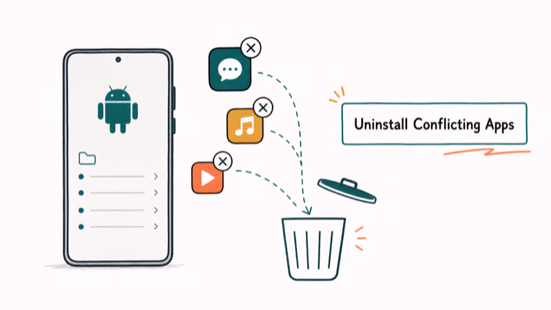 Hand-drawn illustration: Uninstall Conflicting Apps