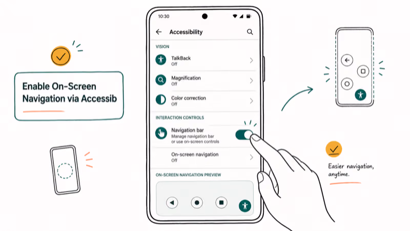 Hand-drawn illustration: Enable On-Screen Navigation via Accessibility